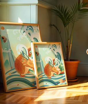 Dragon mythique au milieu de vagues stylisées et de montagnes aux couleurs vives
