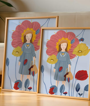 Fille dans un pays des merveilles fleuri avec des couleurs pastel et des fleurs vibrantes