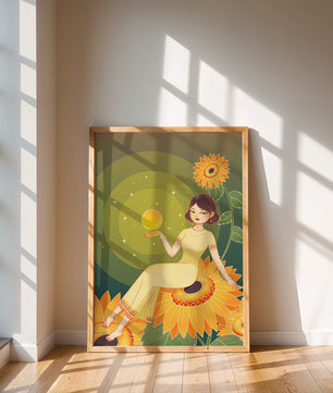 Elegant woman sitting on sunflowers in a celestial scene