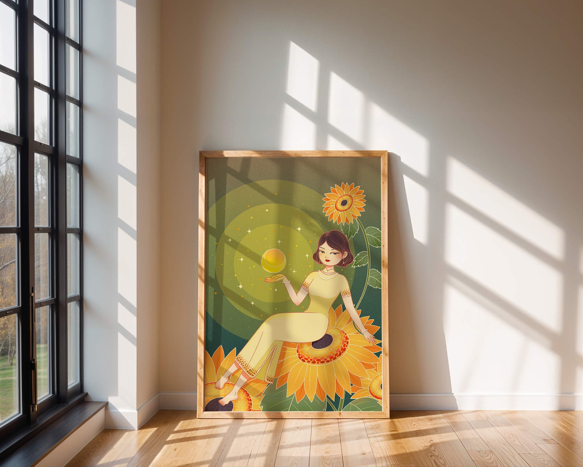 Elegant woman sitting on sunflowers in a celestial scene