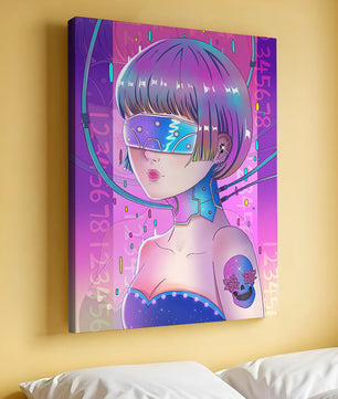 Chica cyberpunk futurista con colores neón y elementos de realidad virtual