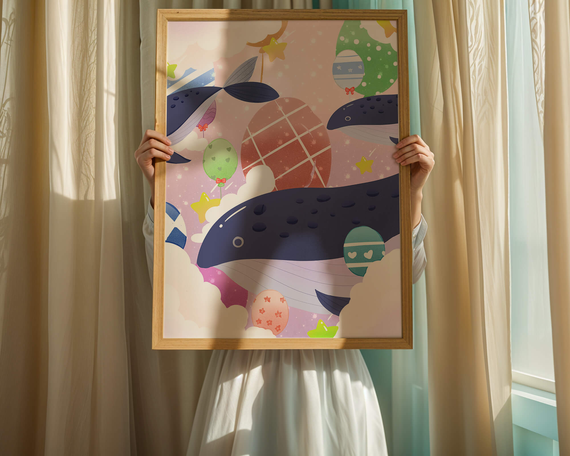 Whimsical illustration of whales and floating stars with colorful eggs