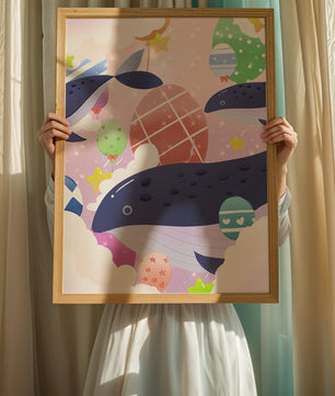 Whimsical illustration of whales and floating stars with colorful eggs