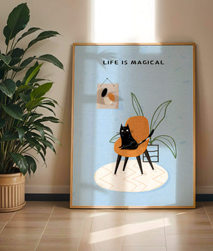 Charming Cat Relaxing on a Chair with Inspirational Quote and Art