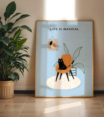 Charming Cat Relaxing on a Chair with Inspirational Quote and Art