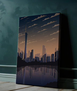 Skyline der Stadt bei Sonnenuntergang mit futuristischem Touch und Wasserspiegelung