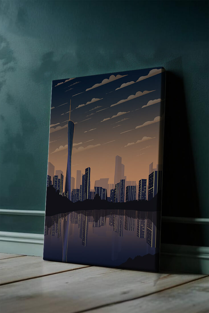 Skyline der Stadt bei Sonnenuntergang mit futuristischem Touch und Wasserspiegelung