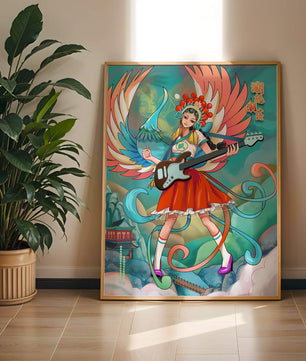 Fusión colorida de arte tradicional y moderno con un músico como protagonista