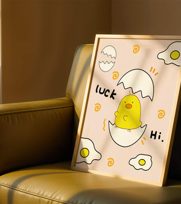 Chick hatching from an egg with cheerful expressions and fried egg motifs