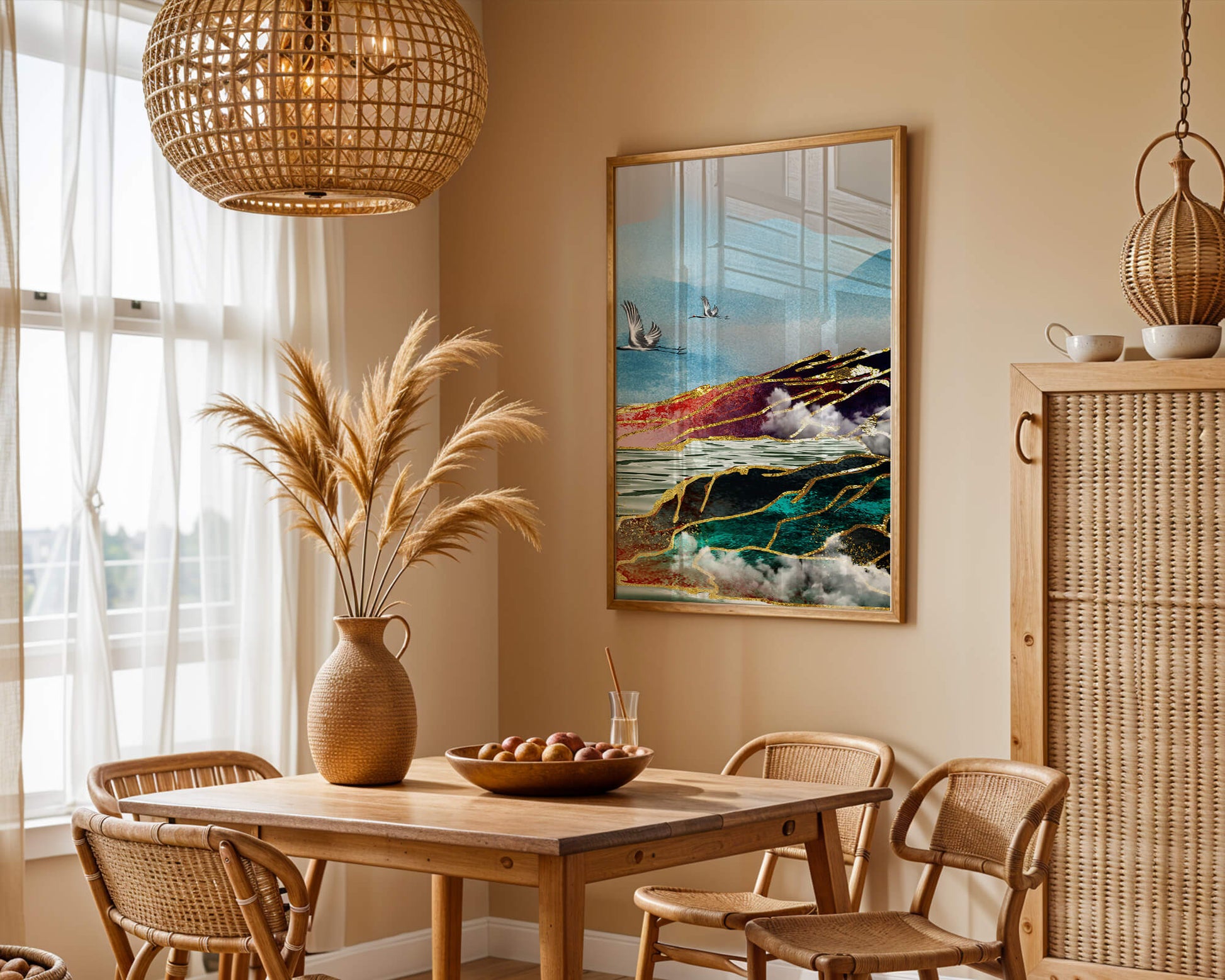 Majestic Landscape With Flying Cranes And Golden Accents