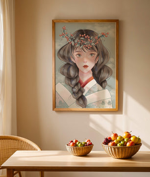 Illustration d'une jeune femme avec une coiffe florale sur fond de ciel nuageux
