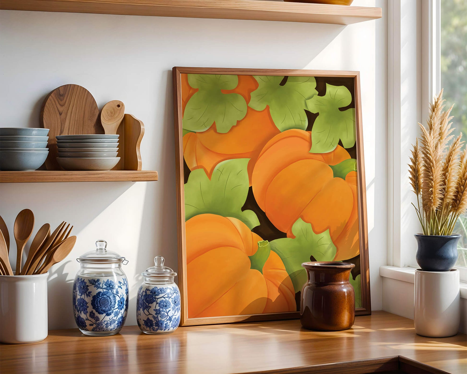 Colorful Pumpkin Pattern With Green Leaves
