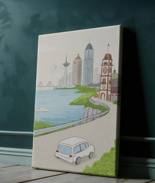 Scenic coastal cityscape with modern buildings and a classic clock tower