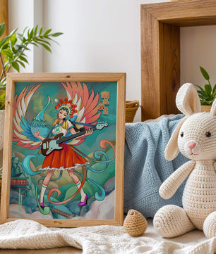 Fusión colorida de arte tradicional y moderno con un músico como protagonista