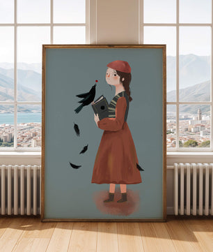 chica en atuendo vintage con pájaro y libro sobre fondo azul