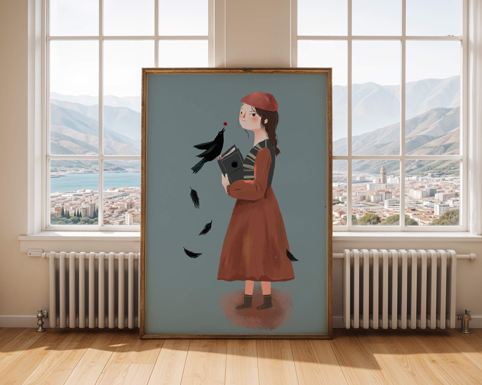 girl in vintage attire with bird and book on blue background