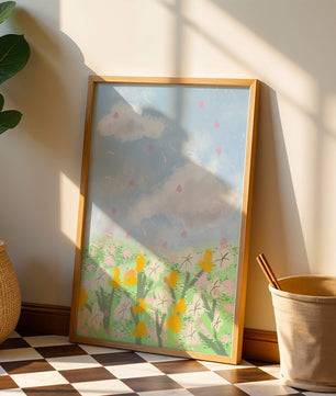 Paysage printanier avec nuages et fleurs
