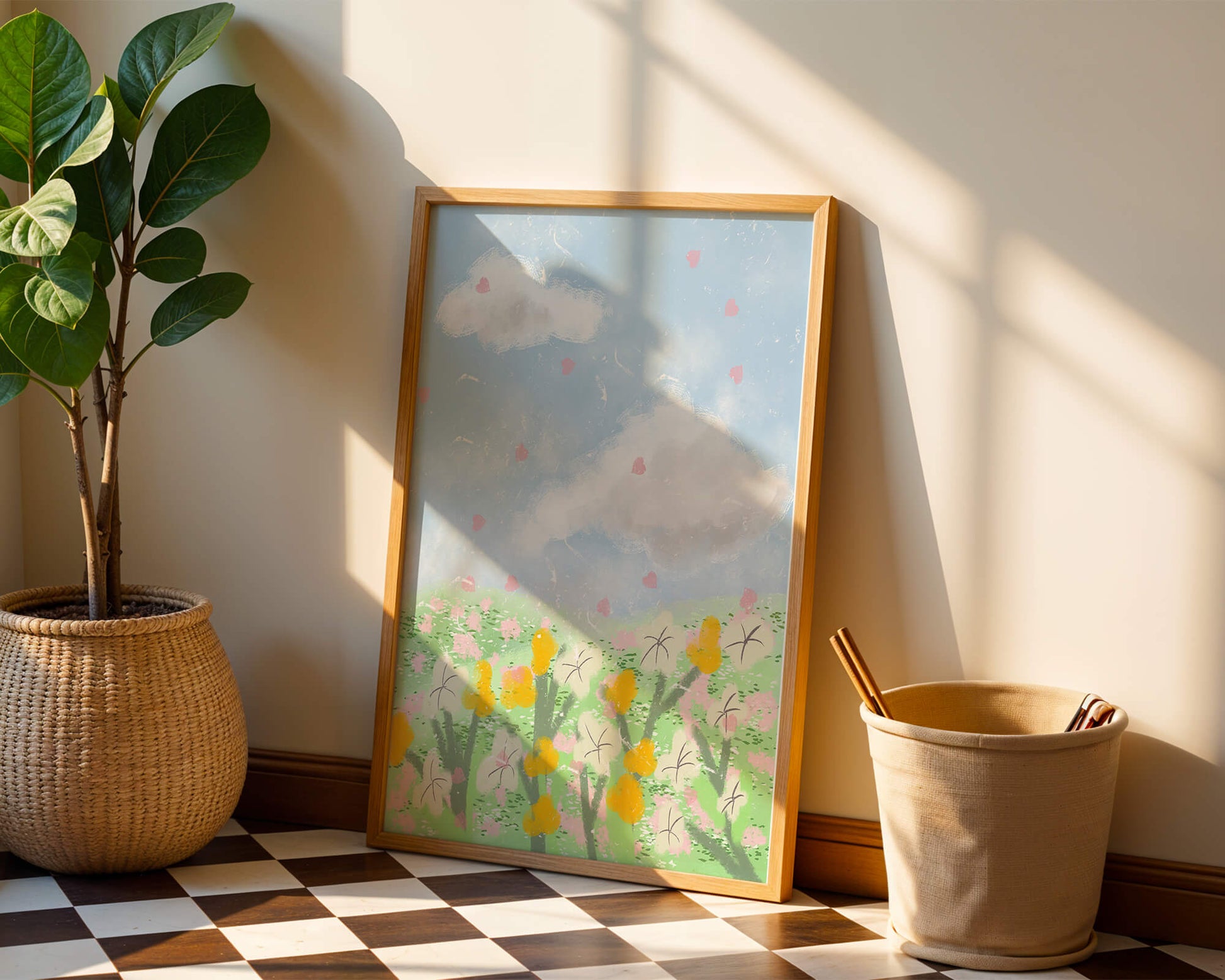 Paysage printanier avec nuages et fleurs