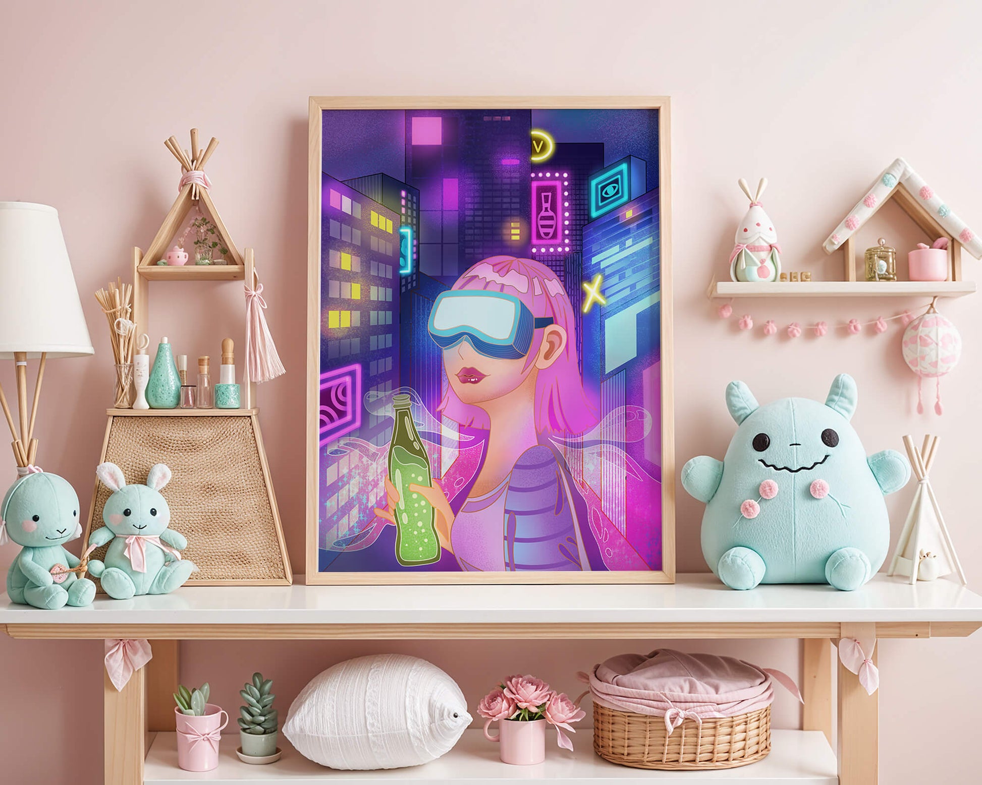 Futuristic urban scene with neon lights and virtual reality elements