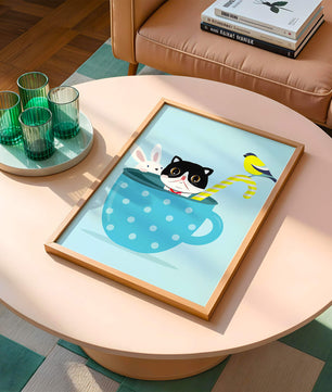 Playful illustration of cat, rabbit, and bird in a teacup