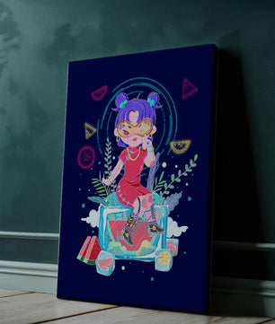 Personnage de dessin animé coloré avec des éléments futuristes