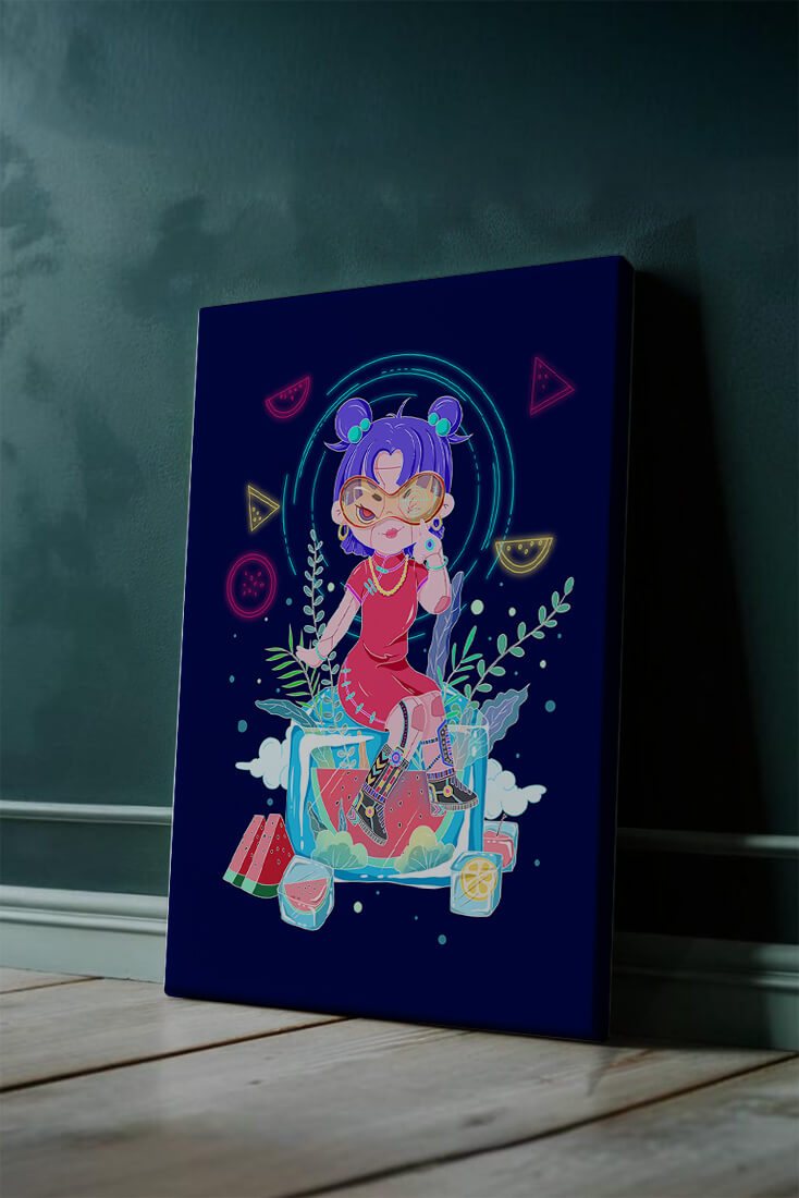 Personnage de dessin animé coloré avec des éléments futuristes