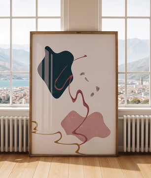 Abstract Minimalist Art with Curved Lines and Golden Accents