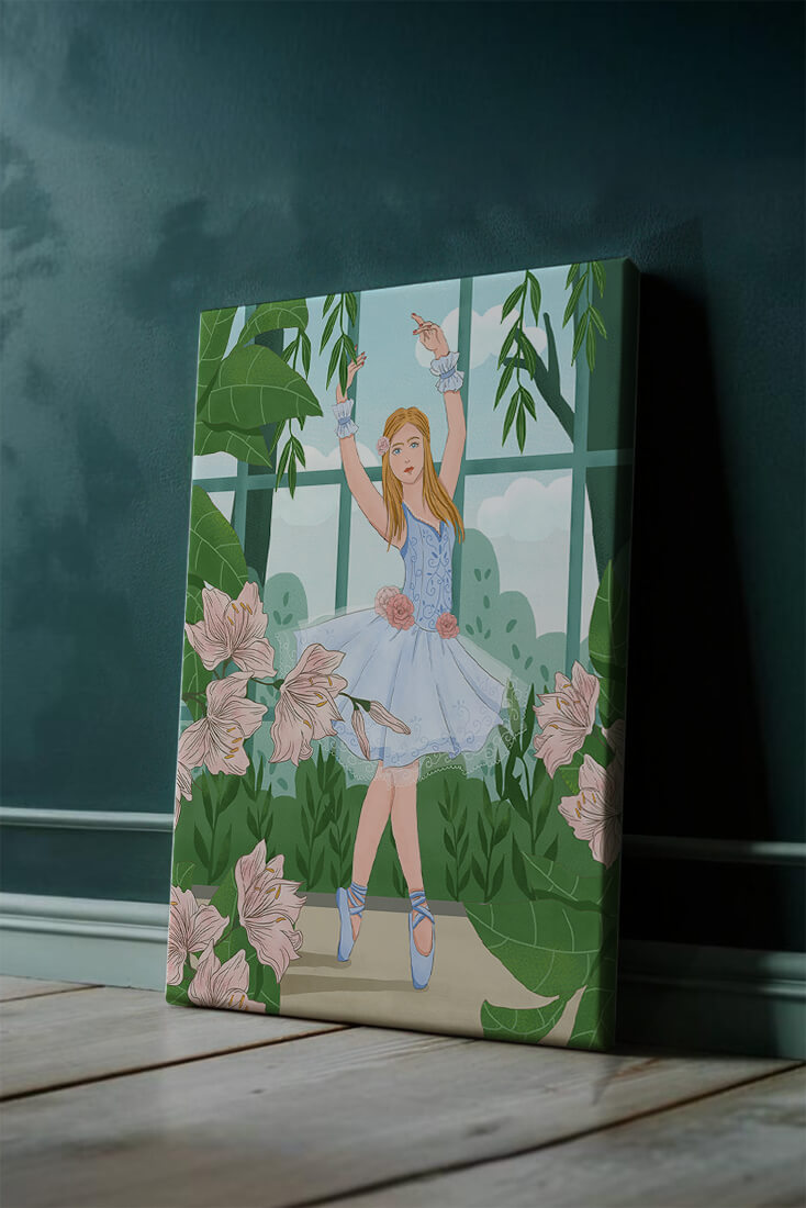 Elegant ballet dancer in a floral and botanical setting