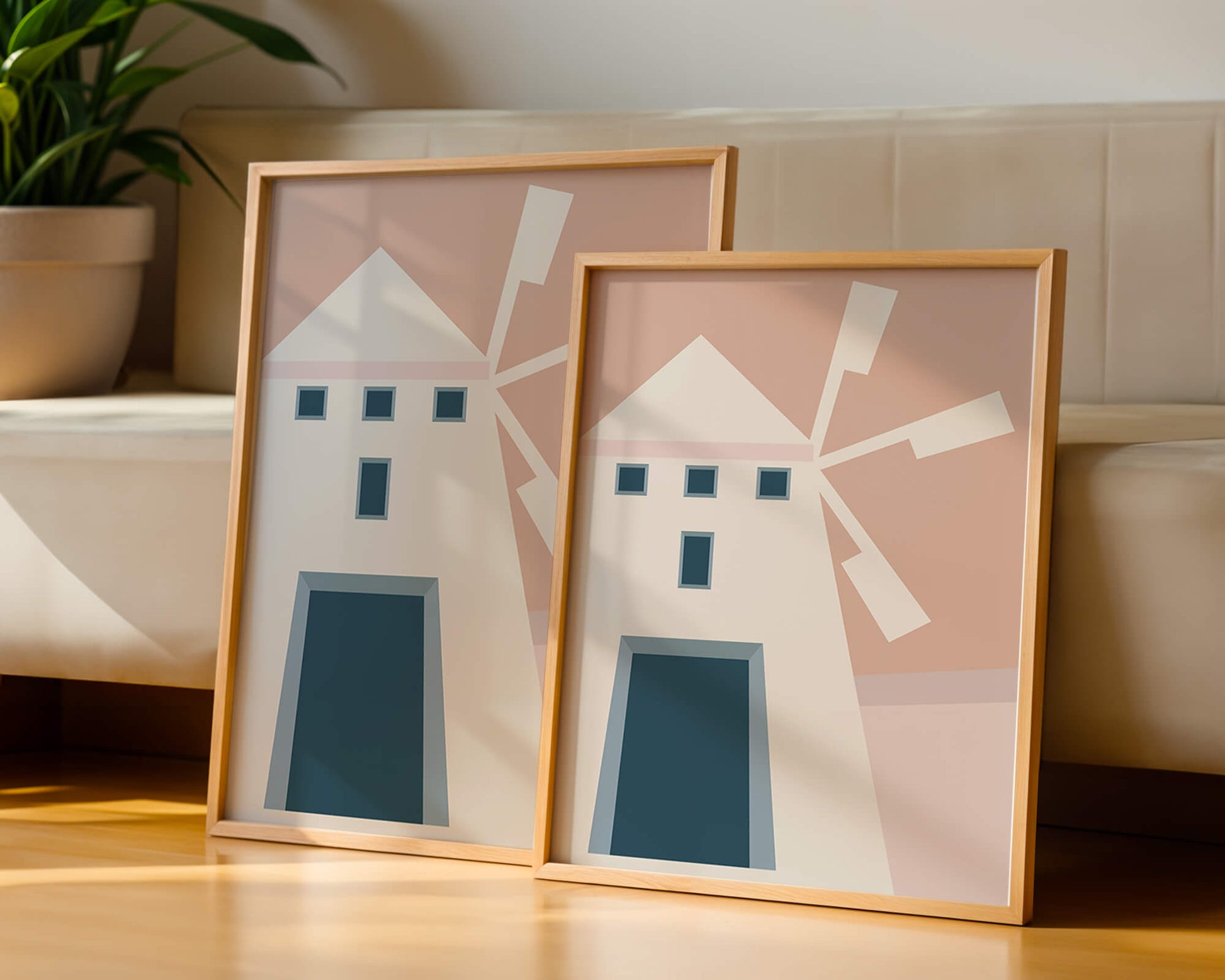Minimalist geometric house illustration on pastel background