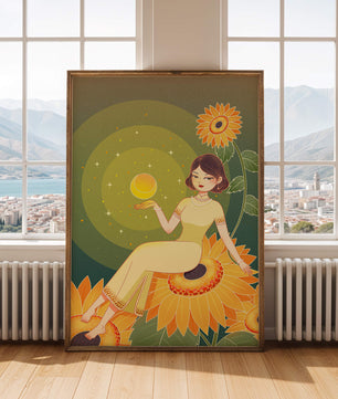 Elegant woman sitting on sunflowers in a celestial scene