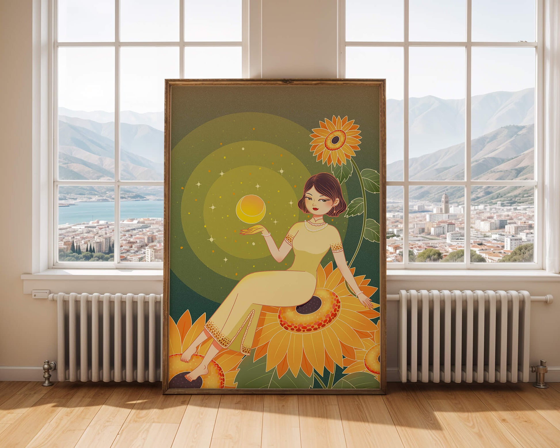 Elegant woman sitting on sunflowers in a celestial scene