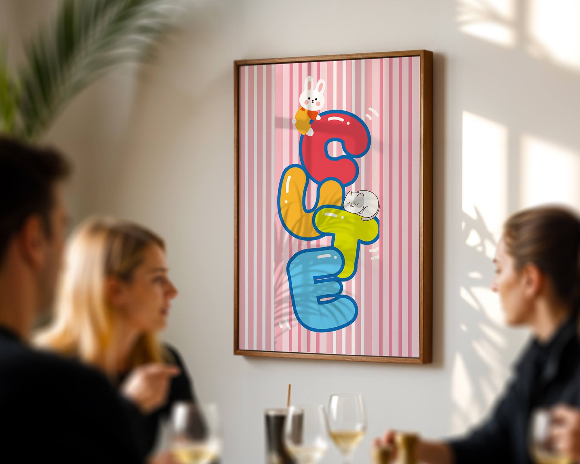 Playful cute illustration with bunny and kitten on colorful letters