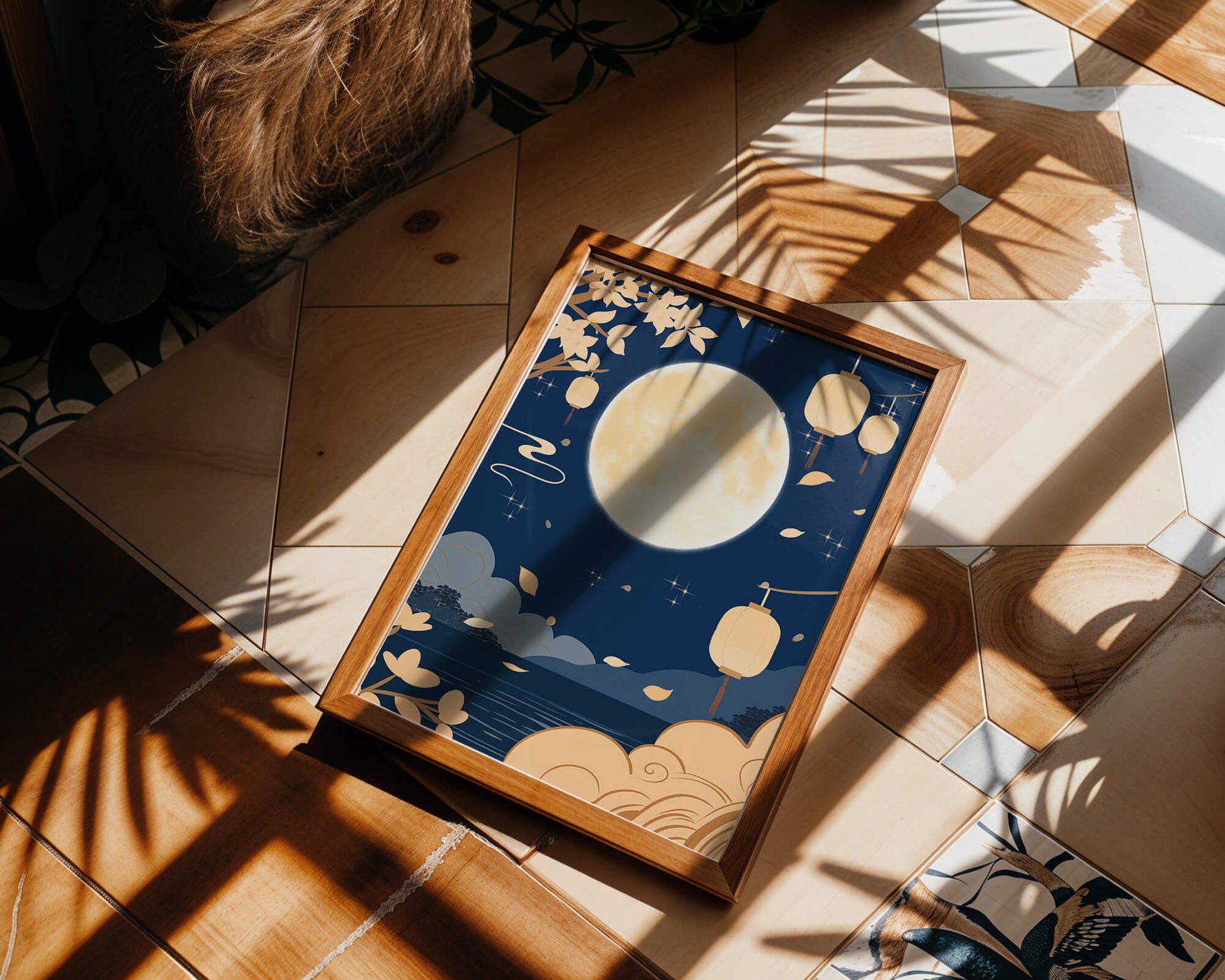Full Moon Night with Lanterns and Falling Leaves in Tranquil Landscape