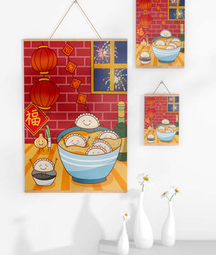 Festive Dumpling Illustration with Lanterns and Fireworks - Mi tienda