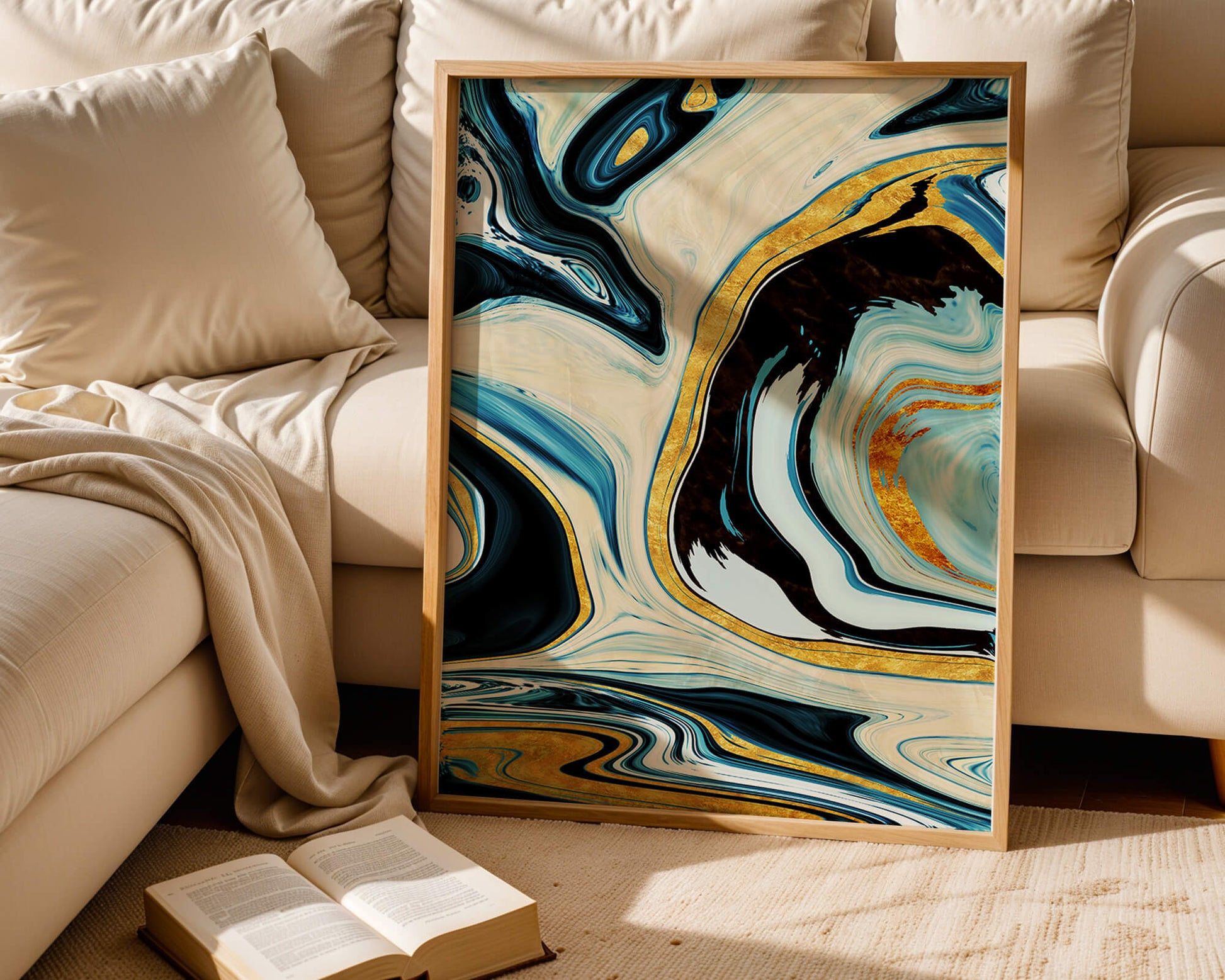 Abstract Marble Art with Gold Accents in Blue and Black Swirls