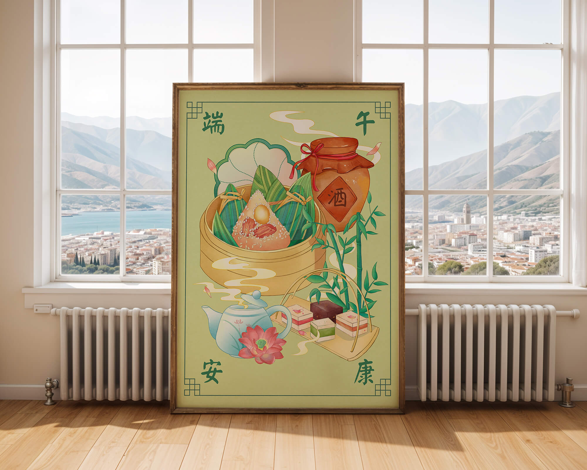 Chinese festive food illustration featuring traditional rice dumplings and tea set