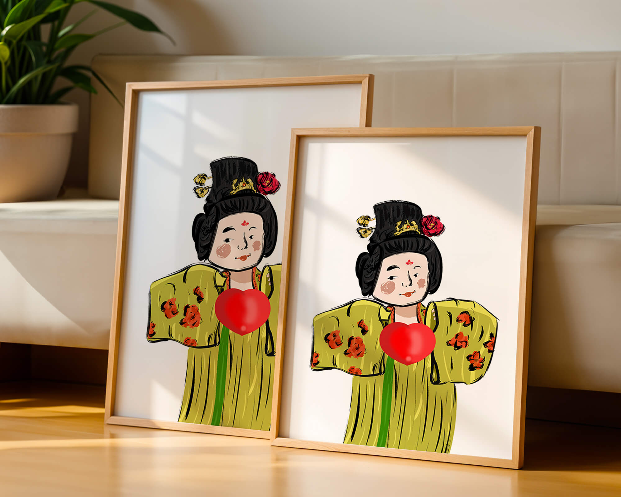 Illustration of a traditional figure in vibrant attire with a heart symbol