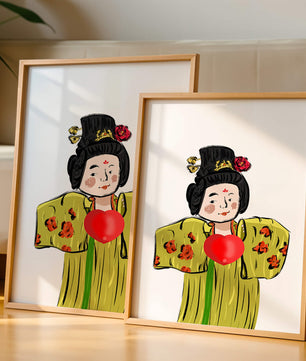 Ilustración de una figura tradicional con atuendo vibrante y un símbolo de corazón