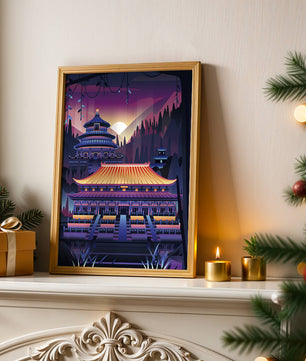 Neon Asian Temple at Sunset in Stylized Landscape