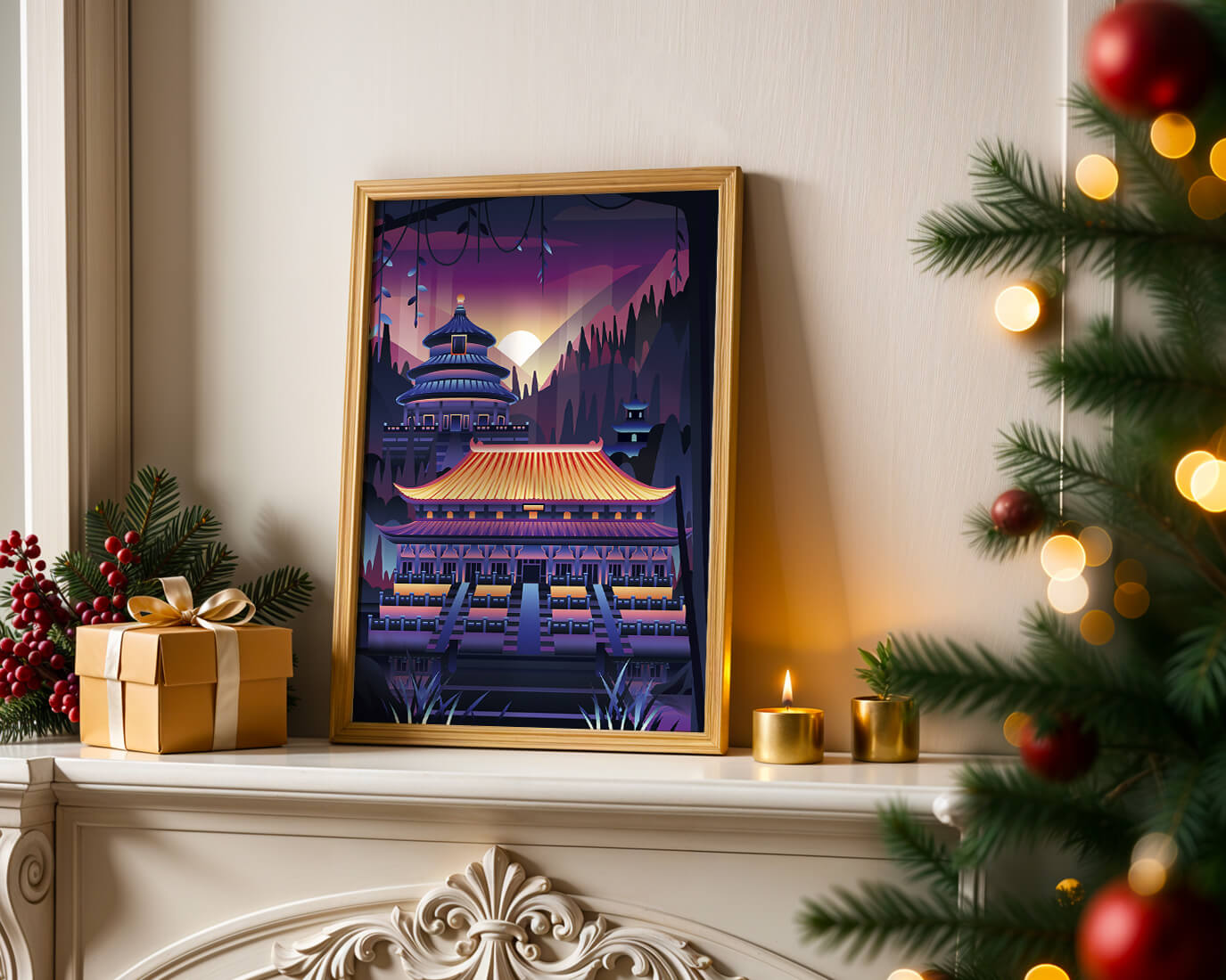 Neon Asian Temple at Sunset in Stylized Landscape