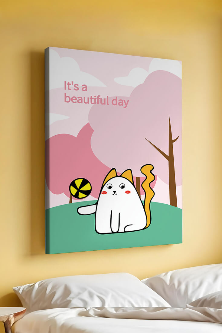 Charming cat illustration in a playful park scene with trees and clouds