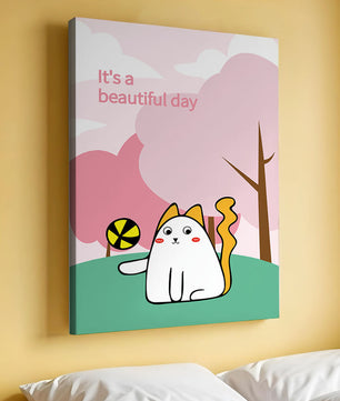 Illustration charmante de chat dans une scène de parc ludique avec des arbres et des nuages.