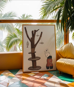 Illustration of a cat tree with a thoughtful cat in a sweater