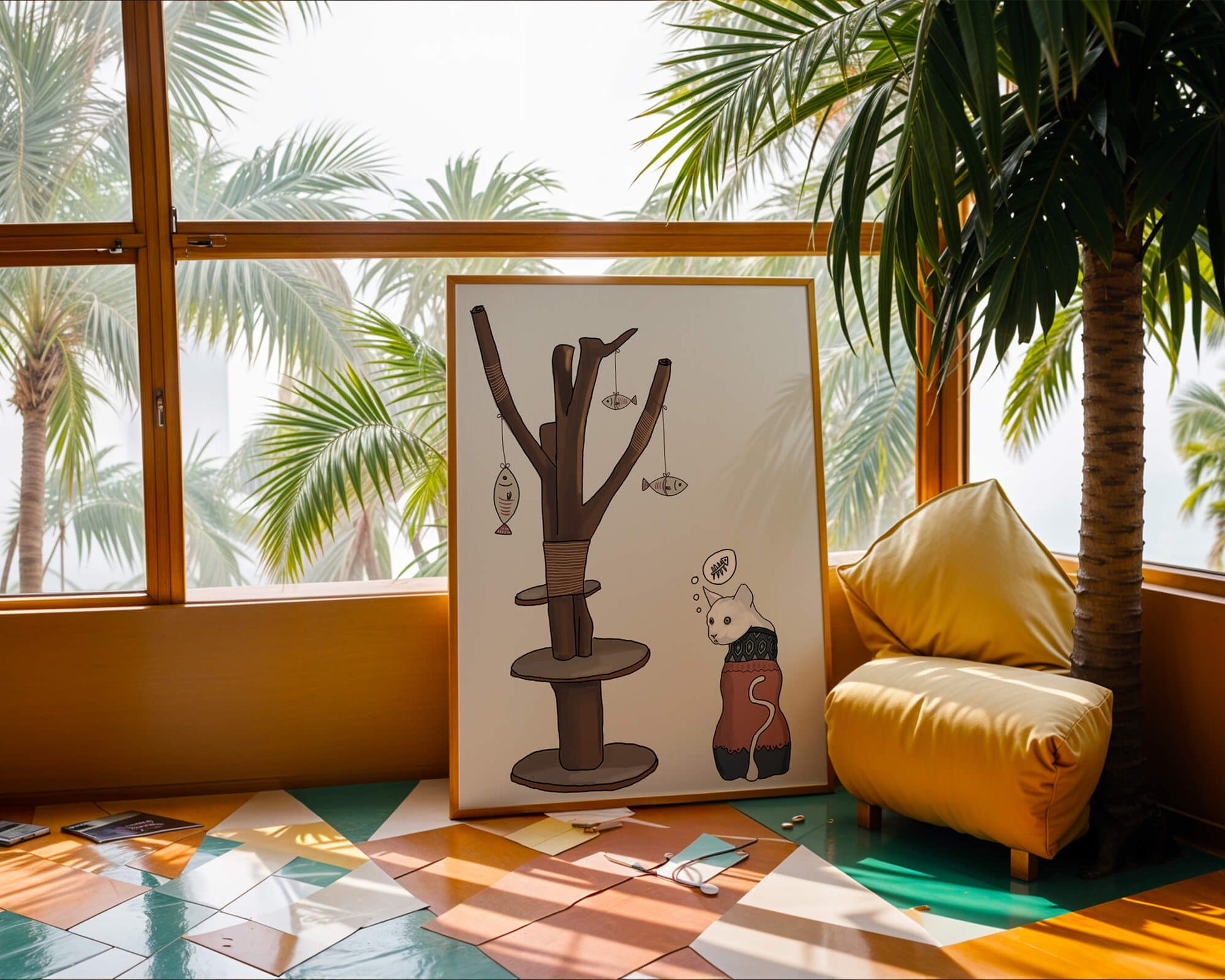 Illustration of a cat tree with a thoughtful cat in a sweater