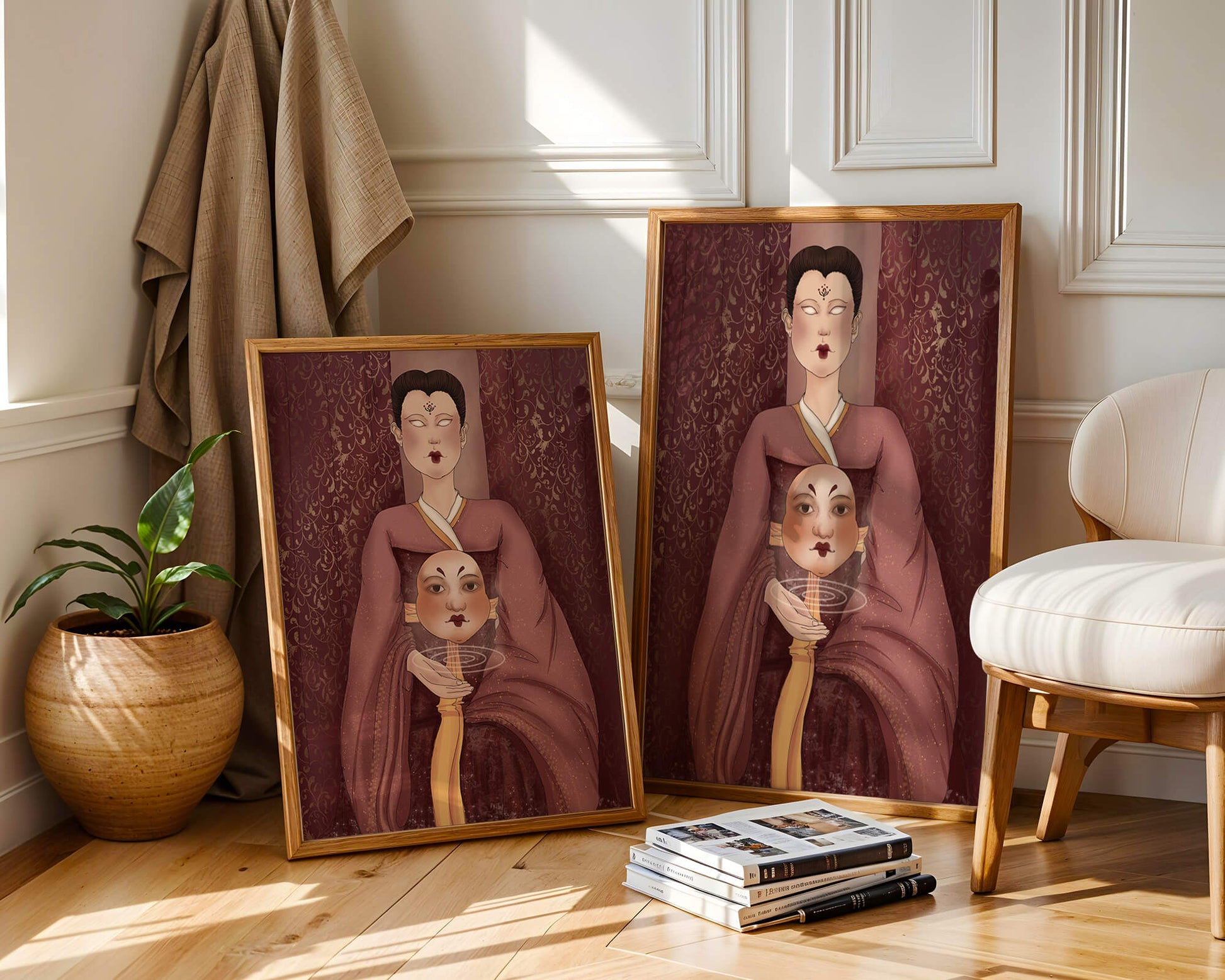 Ilustración de una figura mística con máscara y fondo ornamentado