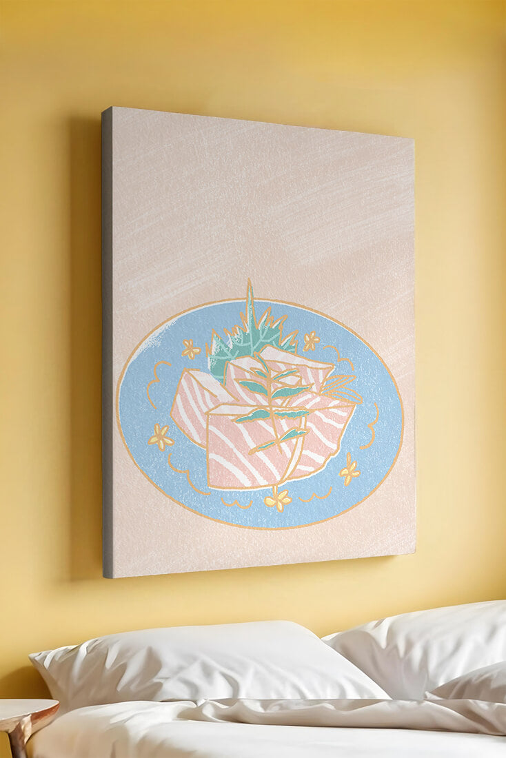 Ilustración de rodajas de sushi fresco en un plato decorativo