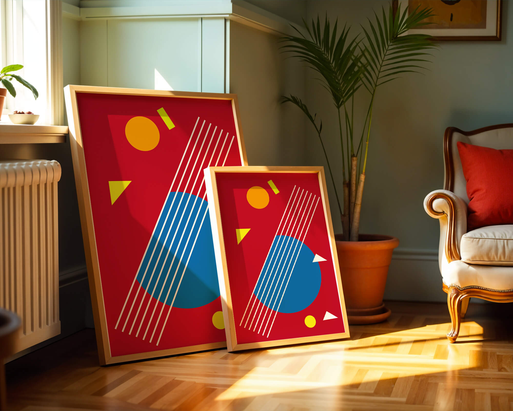 Abstract geometric shapes with bold colors and lines