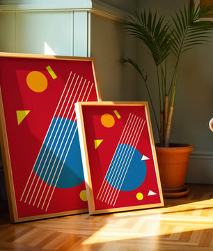 Formas geométricas abstractas con colores y líneas audaces