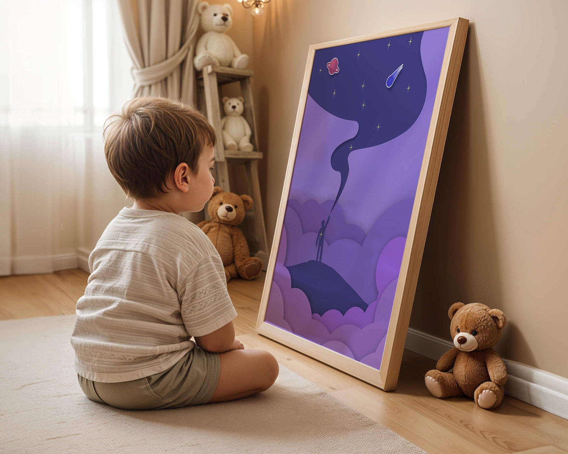 Silhouette in a cosmic landscape with stars and planets