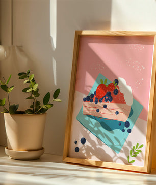 Bunte Dessertillustration mit Erdbeeren und Blaubeeren auf pastellfarbenem Hintergrund